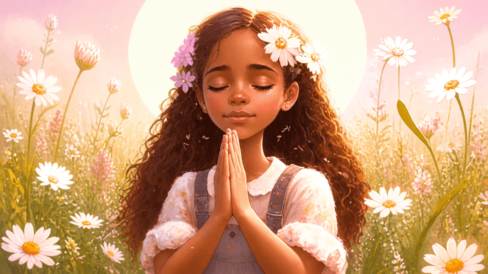 A child praying in a field of daisies